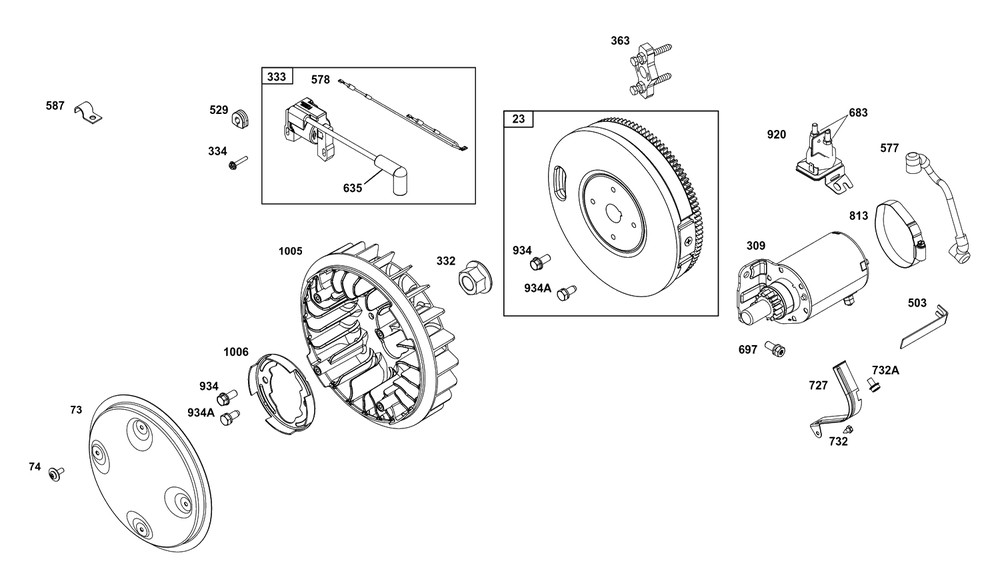 Flywheel, Ignition, And Starter Group Diagram and Parts List for 359447-0119-E1  Briggs and Stratton Engine